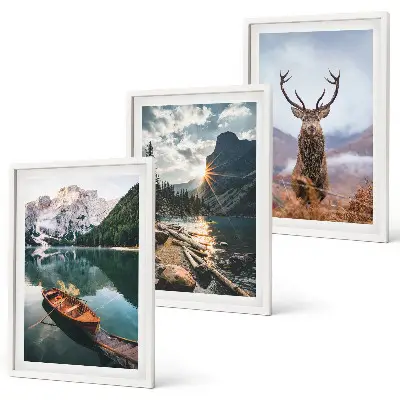 Three-piece wall art set featuring a mountain lake, boat, and deer at sunset