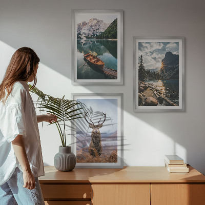Three-piece wall art piece Mountain lake boat sunset deer