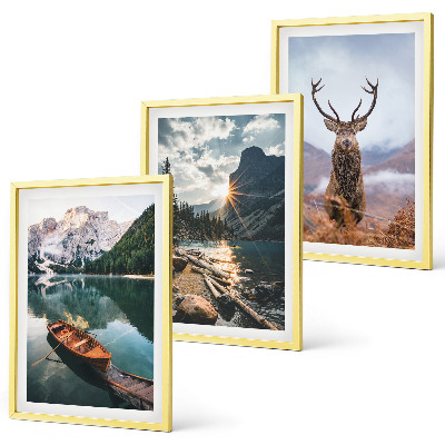 Three-piece wall art piece Mountain lake boat sunset deer