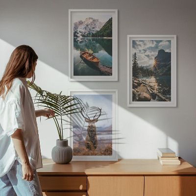 Three-piece wall art piece Mountain lake boat sunset deer