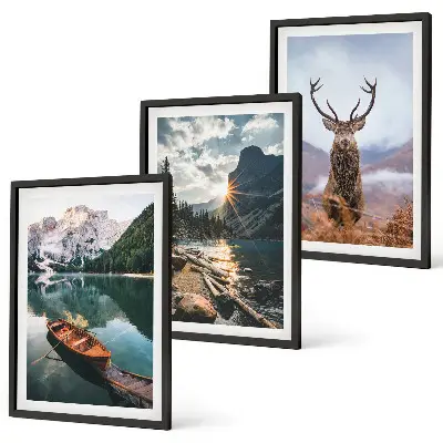 Three-piece wall art set featuring a mountain lake, boat, and deer at sunset