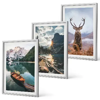 Three-piece wall art set featuring a mountain lake, boat, and deer at sunset