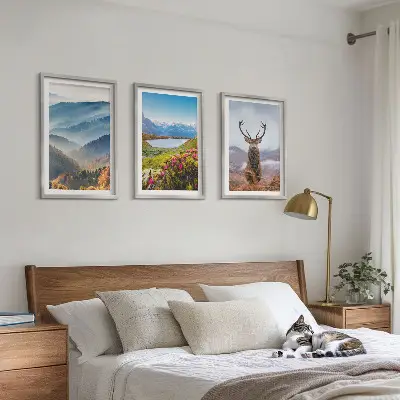 Set of 3 framed wall art pieces featuring a scenic mountain lake and deer