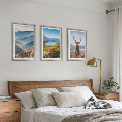Set of 3 framed wall art pieces Mountain lake deer nature