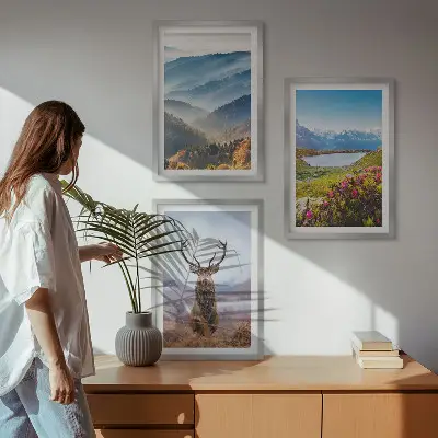 Set of 3 framed wall art pieces featuring a scenic mountain lake and deer