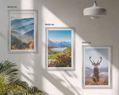Set of 3 framed wall art pieces featuring a scenic mountain lake and deer