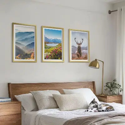 Set of 3 framed wall art pieces featuring a scenic mountain lake and deer