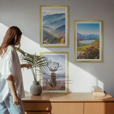 Set of 3 framed wall art pieces featuring a scenic mountain lake and deer