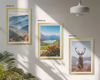 Set of 3 framed wall art pieces featuring a scenic mountain lake and deer