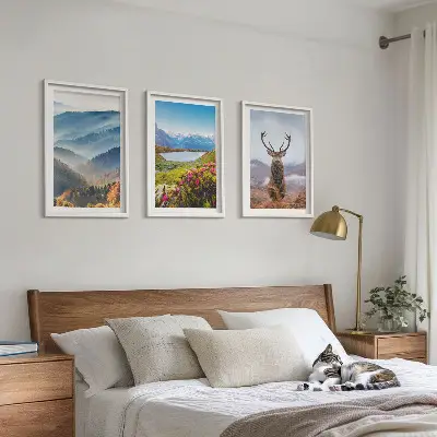 Set of 3 framed wall art pieces featuring a scenic mountain lake and deer