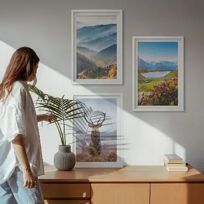 Set of 3 framed wall art pieces featuring a scenic mountain lake and deer