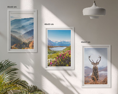 Set of 3 framed wall art pieces Mountain lake deer nature