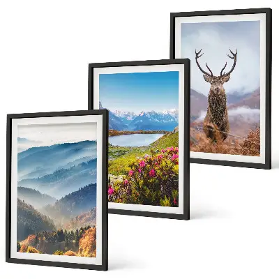 Set of 3 framed wall art pieces featuring a scenic mountain lake and deer