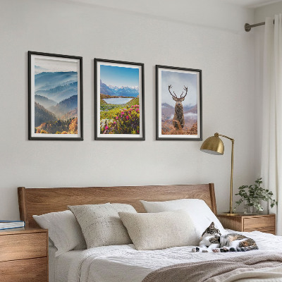 Set of 3 framed wall art pieces Mountain lake deer nature