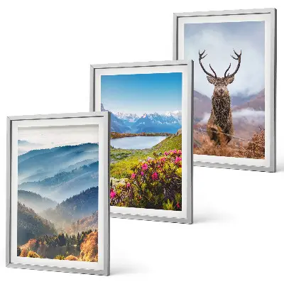 Set of 3 framed wall art pieces featuring a scenic mountain lake and deer