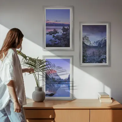 Mountain landscape wall art set featuring sunset over water