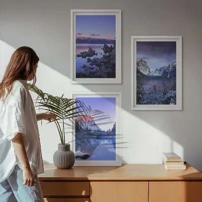Mountain landscape wall art set featuring sunset over water