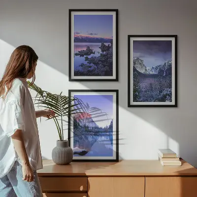 Mountain landscape wall art set featuring sunset over water