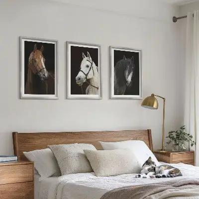 Three-piece horse portrait wall art set featuring shades of fur