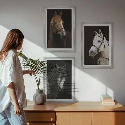Three-piece horse portrait wall art set featuring shades of fur
