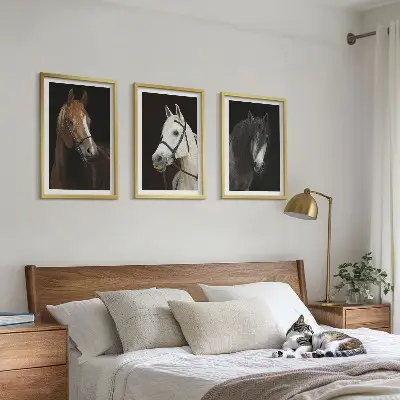 Three-piece horse portrait wall art set featuring shades of fur