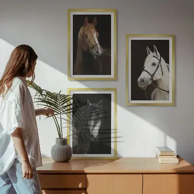Three-piece horse portrait wall art set featuring shades of fur