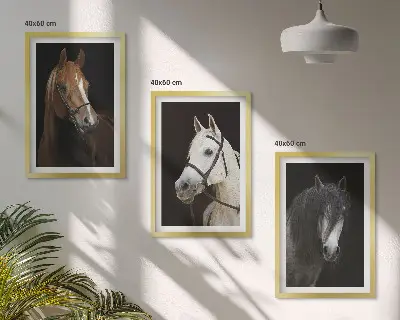 Three-piece horse portrait wall art set featuring shades of fur