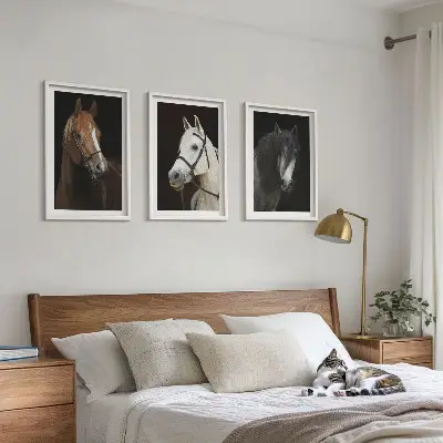 Three-piece horse portrait wall art set featuring shades of fur