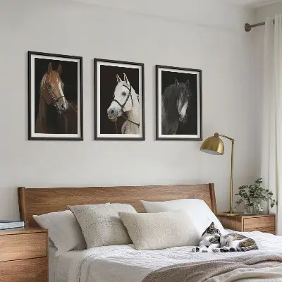 Three-piece horse portrait wall art set featuring shades of fur