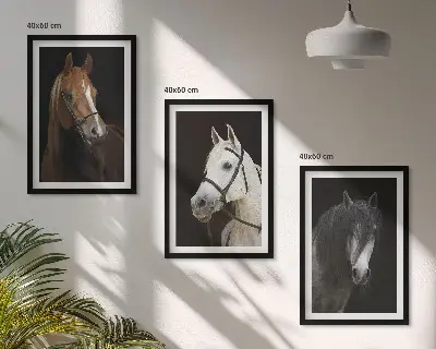 Three-piece horse portrait wall art set featuring shades of fur