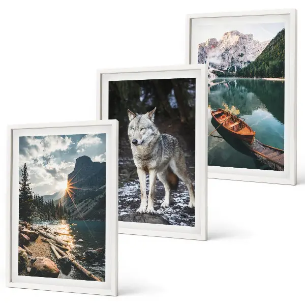 Set of 3 framed wall art pieces featuring mountain lake and wolf nature scenery