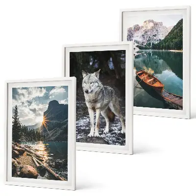 Set of 3 framed wall art pieces featuring mountain lake and wolf nature scenery