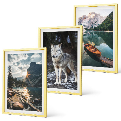 Set of 3 framed wall art pieces Mountains lakes wolf nature