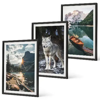 Set of 3 framed wall art pieces featuring mountain lake and wolf nature scenery