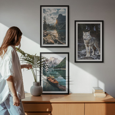 Set of 3 framed wall art pieces Mountains lakes wolf nature