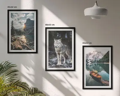 Set of 3 framed wall art pieces featuring mountain lake and wolf nature scenery