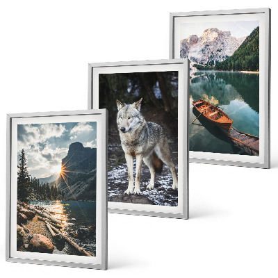 Set of 3 framed wall art pieces Mountains lakes wolf nature