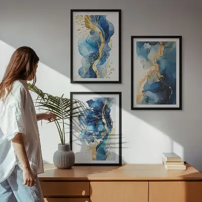 Wall art set with blue abstract patterns