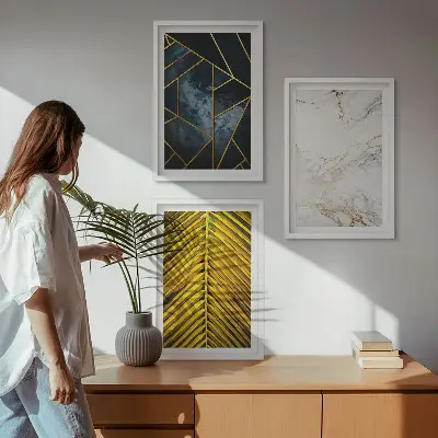 Three-piece geometric plant wall art set featuring botanical and geometric patterns