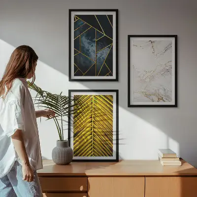 Three-piece geometric plant wall art set featuring botanical and geometric patterns