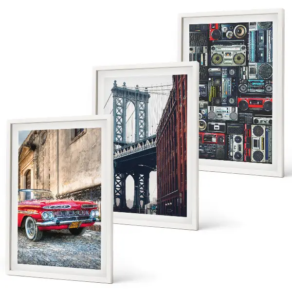 Set of 3 framed wall art pieces featuring a vintage car on the Brooklyn Bridge