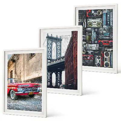 Set of 3 framed wall art pieces featuring a vintage car on the Brooklyn Bridge