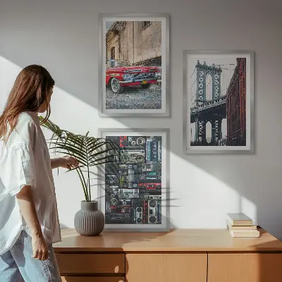 Set of 3 framed wall art pieces featuring a vintage car on the Brooklyn Bridge