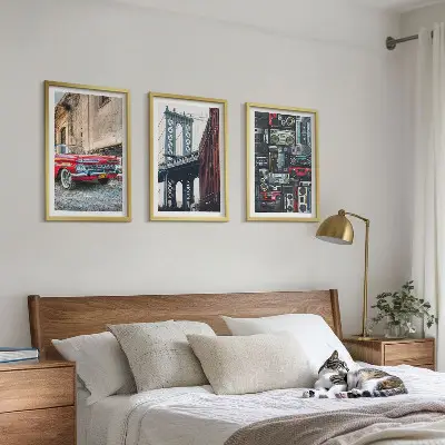 Set of 3 framed wall art pieces featuring a vintage car on the Brooklyn Bridge