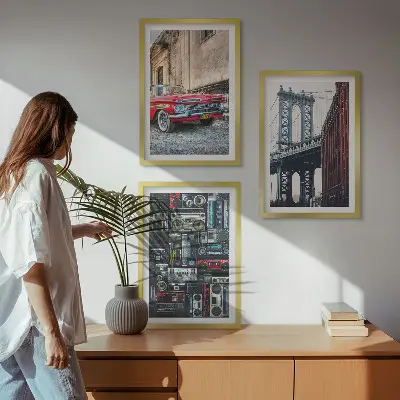 Set of 3 framed wall art pieces featuring a vintage car on the Brooklyn Bridge
