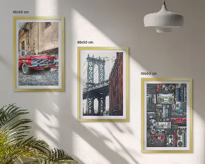 Set of 3 framed wall art pieces featuring a vintage car on the Brooklyn Bridge