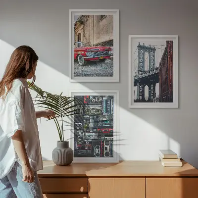 Set of 3 framed wall art pieces featuring a vintage car on the Brooklyn Bridge