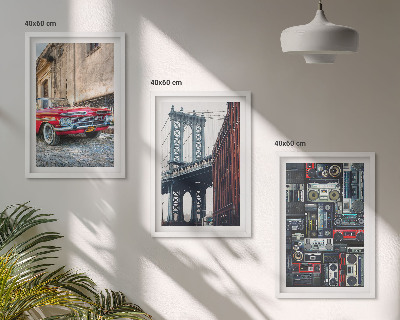 Set of 3 framed wall art pieces Old car bridge Brooklyn retro audio