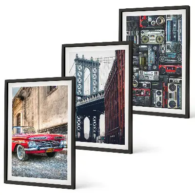 Set of 3 framed wall art pieces featuring a vintage car on the Brooklyn Bridge