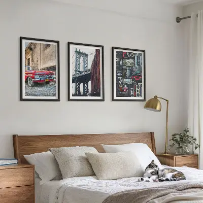 Set of 3 framed wall art pieces featuring a vintage car on the Brooklyn Bridge